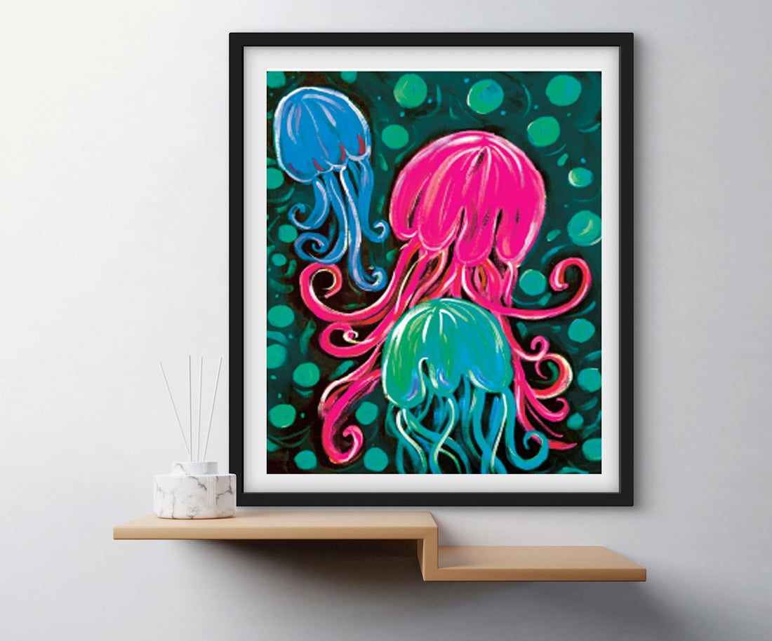 '3 Jellies On A Plate Pink & Aqua' Paper Print