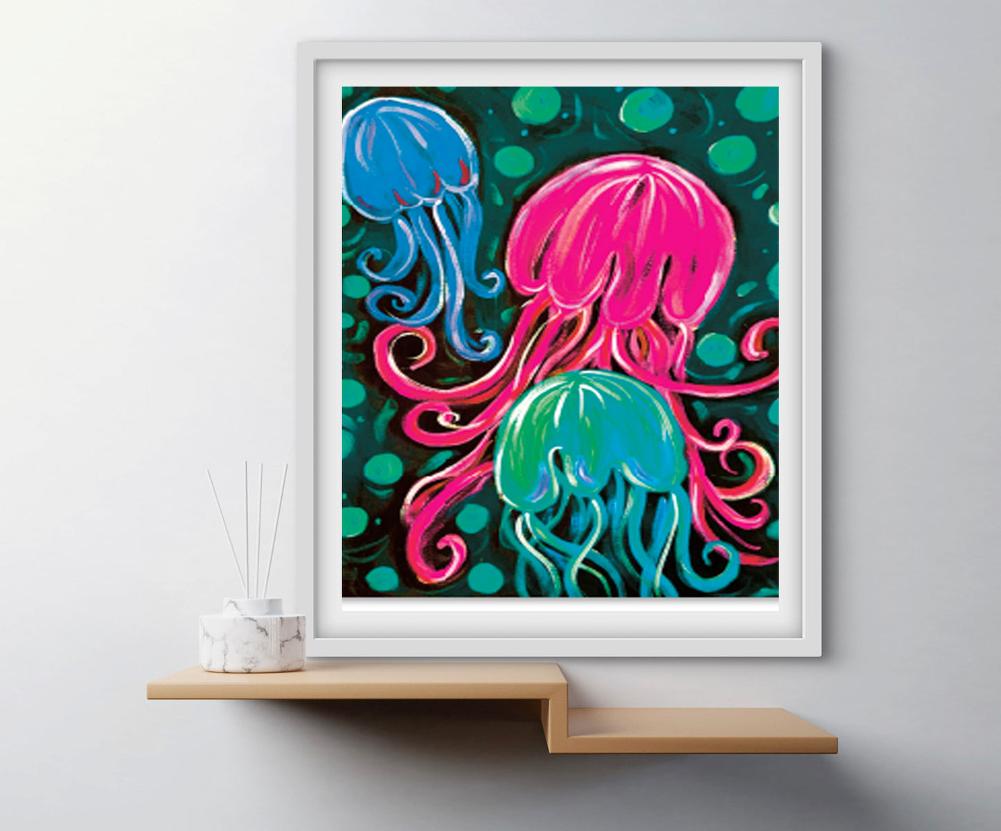 '3 Jellies On A Plate Pink & Aqua' Paper Print