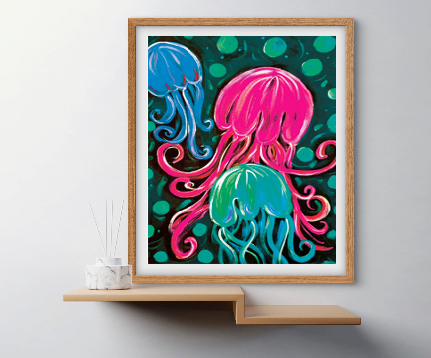 '3 Jellies On A Plate Pink & Aqua' Paper Print